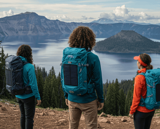 Traveler using versatile clothing during Crater Lake National Park travel and Mount Rainier National