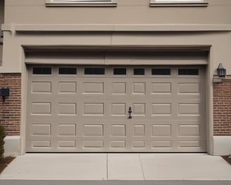 A garage door and the entrance of a suburban house with a yellow gate marked with the number 23. The building has a flat facade and a slightly industrial look with concrete structures. The scene is lit by sunlight, casting shadows on the garage door.