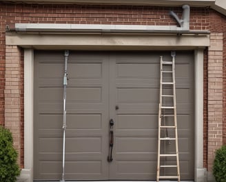 A red corrugated metal garage door with a smaller, matching door integrated into it. The surface is uniform with horizontal ridges and a few visible bolts and handles.