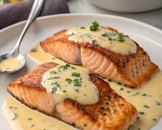 a plate of salmon and vegetables with a bowl of sauce