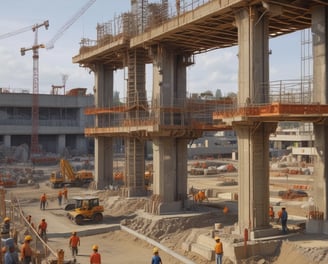 A construction site featuring a large red crane lifting a concrete section with a massive hole, positioned above a series of similar concrete sections placed in a trench. Workers wearing helmets and high-visibility vests are visible among the structures. In the background, there is a red and brown building and a clear blue sky with some clouds.