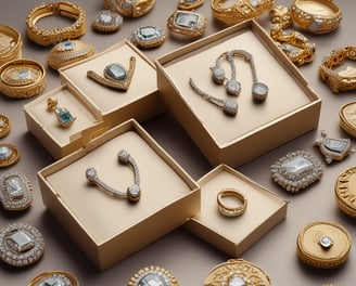 An array of intricately designed gold jewelry, including bangles, a necklace, and earrings, are displayed on a richly embroidered fabric with red and gold patterns. Two jewelry boxes, one brown and the other red, hold some of the pieces, adding a touch of elegance to the presentation. The window in the background offers a blurred view of a cityscape.