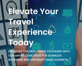 a person holding a phone with the text,'elevate your travel experience