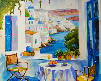 a painting of a setting for 2 on a balcony in santorini