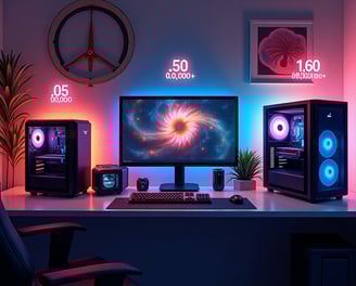 a desk with a computer monitor and speakers