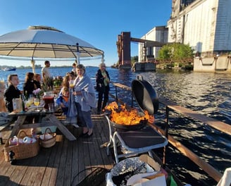 a group of people on the party raft Riga