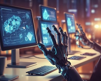 Four small, white robot figures are sitting in a row, each with a laptop in front of them. They have round bodies and blue accents, with 'AI' displayed on their chests. The background is minimal and light gray, emphasizing the robots and their computers.