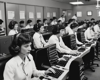 A group of women dressed in military uniforms are operating a vintage telephone switchboard. They are wearing headsets and are focused on connecting calls. The setting appears to be a busy communication center, with rows of desks and lighting fixtures overhead.