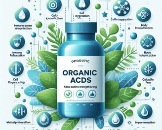Botella de ácido orgánico además de mostrar en diferentes símbolos los beneficios que contiene.