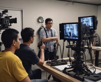 Three individuals are engaged in a filmmaking or video production process inside a studio. One person operates a professional camera mounted on a rig, wearing a mask and cap. Two other people are seated, one intently looking at a laptop, creating an atmosphere of concentration and collaboration.