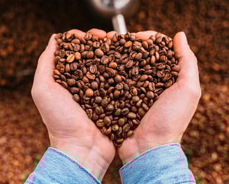 Hand forming a heart with Colombian coffee beans, symbolizing passion and care