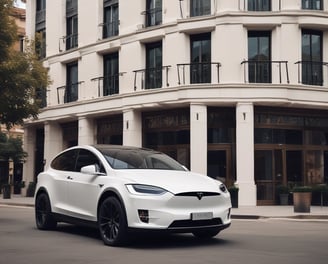 A black luxury SUV is parked in front of a grand, ivory-colored building with large windows and an ornate hanging lantern. The building's entrance is elegant, featuring a light stone facade with tall arched windows and a decorative gold luggage cart nearby.