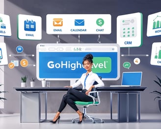 a marketer sitting confidently at a desk with multiple floating icons representing business tools