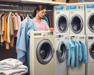 A rustic wooden building houses a laundromat with signs for wash, dry, and fold services. The signage prominently features red and blue text. Red cloth pieces are attached to antennas on the roof. The contrast between the blue sky, white clouds, and green foliage creates a quaint atmosphere.