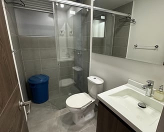 a bathroom with a toilet and a shower