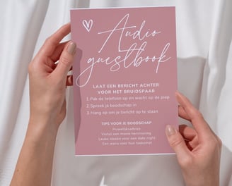 Instructiekaart voor Vintage audio gastenboek telefoon roze kleur verhuurt door liefdeslijn