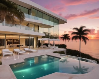 A luxurious multi-story residential building with a waterfront location, surrounded by palm trees and clear blue water. The architecture is elegant with arched windows and a light color palette.