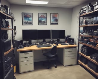 A car service or repair garage is depicted, with a vehicle hoisted on a lift. A laptop is placed on a nearby workstation with an open drawer filled with tools. The environment features tiled walls and floor, and equipment such as a tire changer and a balancing machine. Fluorescent lighting provides illumination.