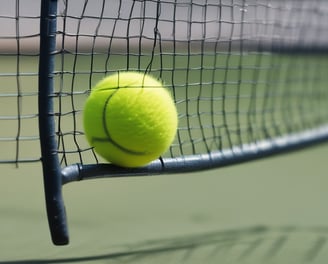 A complex arrangement of various sports equipment and attire, including tennis rackets, soccer balls, basketballs, helmets, shoes, gloves, and a mannequin torso wearing a T-shirt. The items are layered and artistically displayed in a monochrome color scheme, creating an intricate texture and visual pattern.