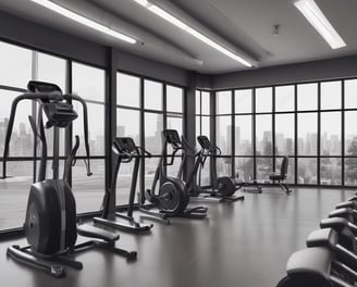 A dimly lit gym with various exercise machines, including leg presses and cable equipment. The floor is padded with dark tiles. In the background, two people are sitting at a desk with a computer. An Indian flag is visible on the wall, adding a touch of decoration.