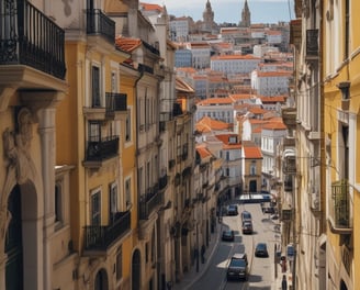 A narrow urban street with several restaurant and service signs hanging on the buildings. Signs include 'hungryhouse', 'JUST EAT', and 'MINI CABS'. The storefronts have dark exteriors, and there is a view of cars parked on the side of the street. A decorative plant hangs near one of the windows, and the street is lined with cobblestones.