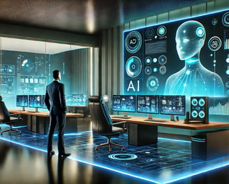 A futuristic workspace infused with AI-powered automation. A sleek, high-tech office with holographi