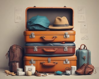 A blue travel bag with brown leather accents sits on a surface. Attached to the handle is a beige tag with the words 'FRUGAL FLYER,' featuring a stylized airplane logo and text promoting travel savings.