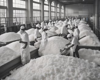 A group of people are engaged in the process of sugar production inside a large industrial building. There is steam rising from the vats, and workers are attending to various tasks such as stirring large pots and inspecting the production process. The atmosphere seems busy and structured, with a focus on labor.