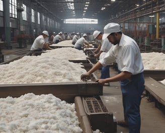 A group of people are engaged in the process of sugar production inside a large industrial building. There is steam rising from the vats, and workers are attending to various tasks such as stirring large pots and inspecting the production process. The atmosphere seems busy and structured, with a focus on labor.