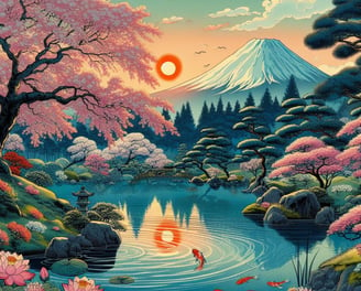 Dall-e 2. un jardín japonés a la falda del Fuji, estilo Ukiyo-e