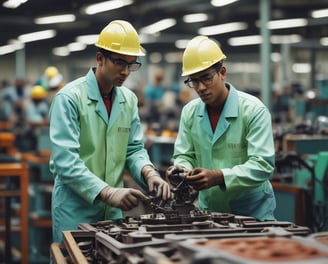 A group of workers wearing yellow safety helmets and reflective vests engage in industrial activities inside a factory setting. Some are observing while others are actively operating machinery as a large piece of equipment is lifted by mechanical hoists.