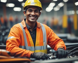 A person wearing a bright red industrial jacket with reflective stripes and a white safety helmet. They are holding a book titled 'Occupational Safety and Health Act' against a plain blue background. The person is smiling and the jacket has a logo on the chest.