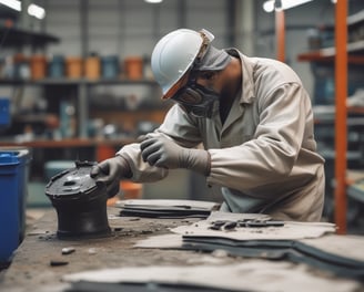A person wearing an orange safety work uniform with reflective stripes and a white hard hat. The individual is also wearing safety glasses and appears to be smiling.