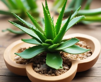 Close-up of an aloe vera plant with dewdrops on its thick, fleshy leaves. The leaves have a serrated edge and a green color with dotted patterns, all emerging from a central point in the soil.