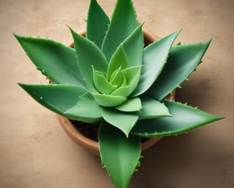 Vibrant green aloe vera plant with thick, fleshy leaves covered in a few scattered water droplets. Sunlight casts dark shadows on parts of the leaves, highlighting their texture and the natural patterns of the plant.