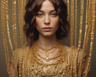 A delicately arranged collection of jewelry pieces, including a bracelet and a necklace, both featuring circular, diamond-like stones. The items are set against a minimalistic white background with a subtle gradient transitioning to a soft peach color. The jewelry pieces are metallic with small intricate details and clasps.