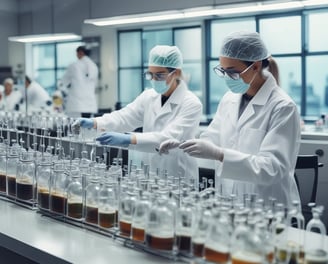 People in protective clothing are working in an indoor agricultural setting, surrounded by rows of plants under artificial lighting.