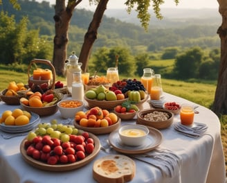 A kitchen countertop features various healthy food items including protein bars on a slate tray, a jar of yellow hummus, a wooden spoon, and a mug with a heart design. Packages of Alver Easy Protein powder are visible in the background. Fresh herbs, a bowl of blueberries, a container with seeds, strawberries, cherry tomatoes, and an avocado are also present, suggesting a focus on natural ingredients.