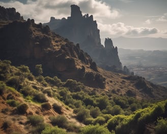 A large ferry boat is carrying several trucks across a wide river. The boat has a multi-story structure and is painted in shades of blue and white. There are green, hilly terrains on the left side and mountainous landscapes in the background with a calm sky.