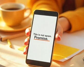 Smartphone displaying witty email marketing copy.