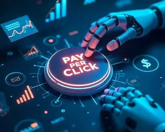 A robot hand is clicking on pay per click button