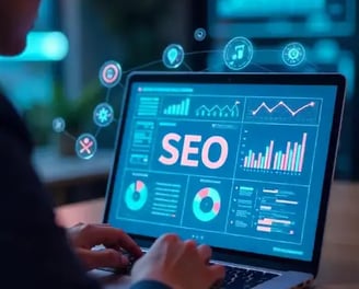 A man is working on laptop with SEO analytics