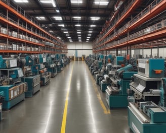 An industrial setting with various large machines and equipment, including a CNC machine and other manufacturing tools. There are shelves stocked with metal parts and components, and the space is illuminated by natural light streaming in through the ceiling windows. The area appears organized with clear sections for different types of machinery.