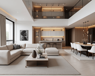 A living room featuring a couch and table, showcasing rich interior design and modern elegance.