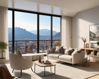 alt="Salon propre avec vue sur les montagnes, illustrant les prestations de nettoyage textile à domi