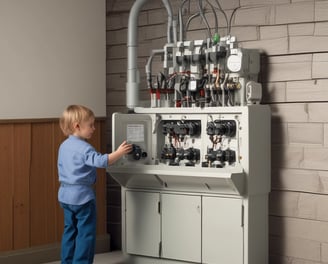 A stylish storefront window features a logo and text advertising a store specialized in repairs, alterations, laundry, and coffee to go. The reflection of a scenic urban street with historic buildings can be seen in the glass, blending the interior workspace with vintage sewing machines and tools, and the outside world.