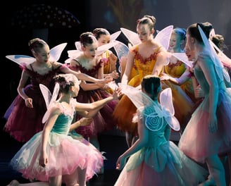 a group of young girls dressed in fairy - themed costumes