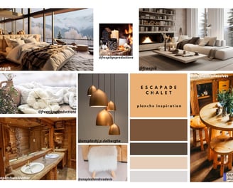 an inspiration board for a living room with a chalet-style fireplace / inspiration déco chalet