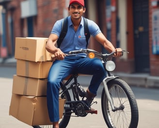 A delivery person wearing a green helmet and jacket rides a scooter. The scooter features a large green delivery box on the back, and the surroundings include lush green trees, suggesting an outdoor environment.