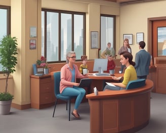 a woman sitting at a desk with a man and woman